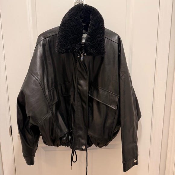 Black Faux Leather Bomber Jacket with removable sherpa collar - Picture 4 of 9